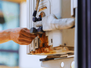 hvac tech checking for refrigerant leaks on old heat pump