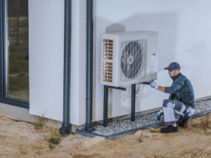 HVAC tech accessing heat pump for proper main duct sizing and manual j load calculation