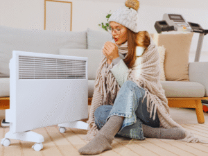 Freezing woman sitting near space heater because heat pump is not heating
