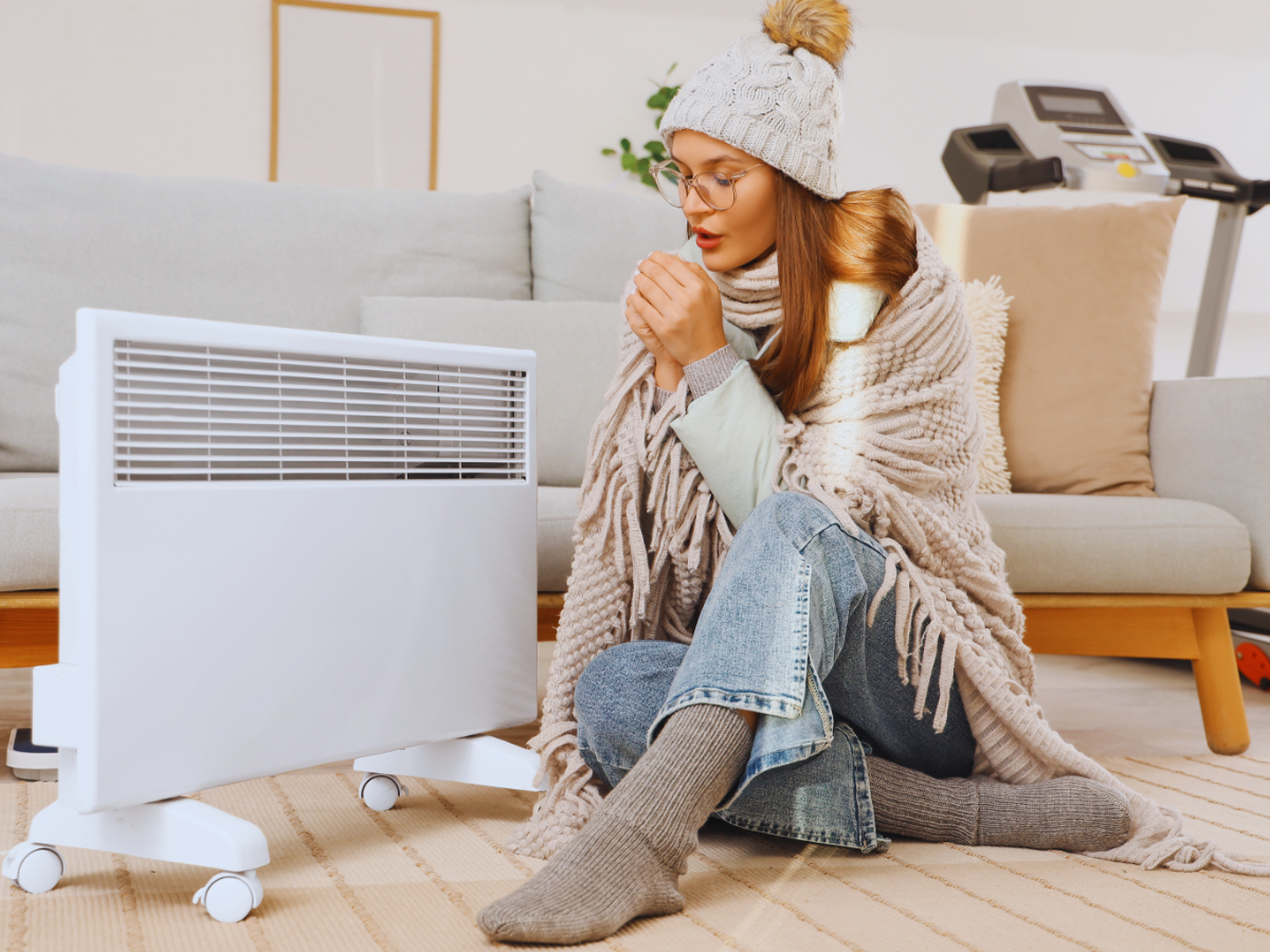 Freezing woman sitting near space heater because heat pump is not heating